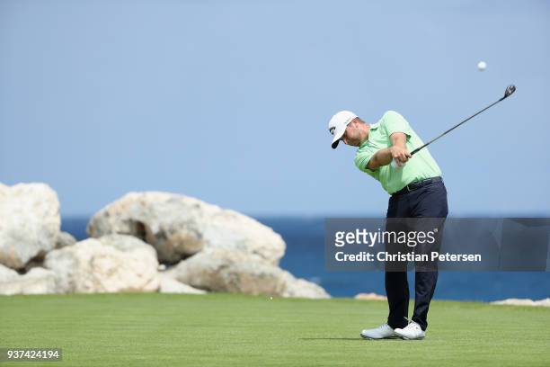 Brice Garnett plays his shot from the eighth tee during round three of the Corales Puntacana Resort & Club Championship on March 24, 2018 in Punta...