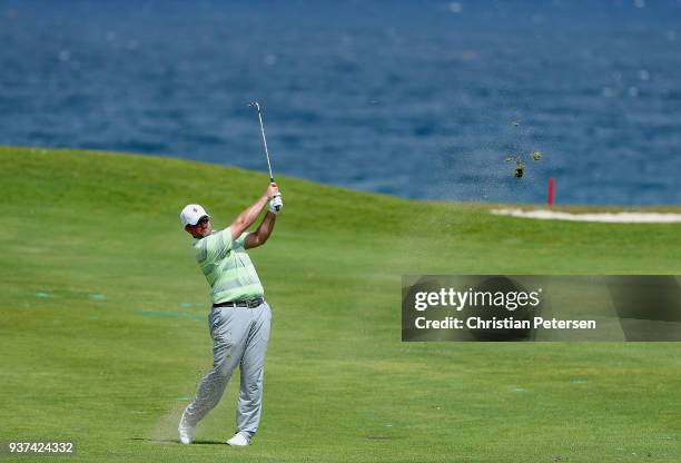 Steve Wheatcroft plays his second shot on the eighth hole during round three of the Corales Puntacana Resort & Club Championship on March 24, 2018 in...