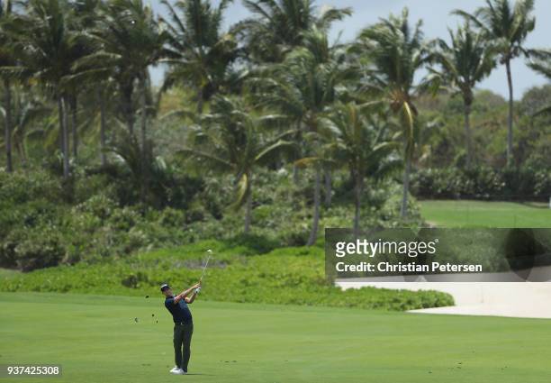 Hunter Mahan plays his second shot on the sixth hole during round three of the Corales Puntacana Resort & Club Championship on March 24, 2018 in...