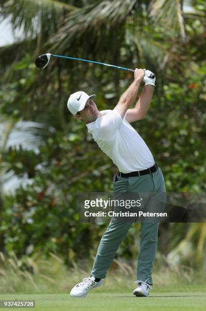 Denny McCarthy plays his shot from the seventh tee during round three of the Corales Puntacana Resort & Club Championship on March 24, 2018 in Punta...