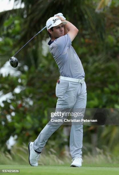 Matt Atkins plays his shot from the seventh tee during round three of the Corales Puntacana Resort & Club Championship on March 24, 2018 in Punta...