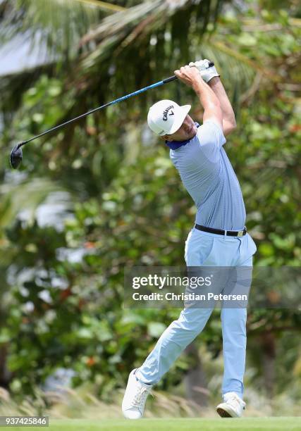 Kelly Kraft plays his shot from the seventh tee during round three of the Corales Puntacana Resort & Club Championship on March 24, 2018 in Punta...