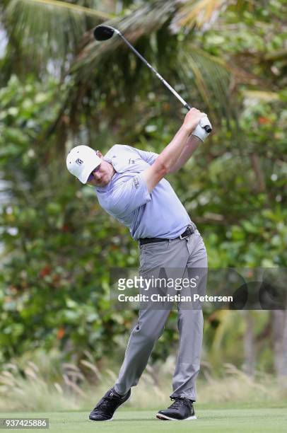 Joel Dahmen plays his shot from the seventh tee during round three of the Corales Puntacana Resort & Club Championship on March 24, 2018 in Punta...