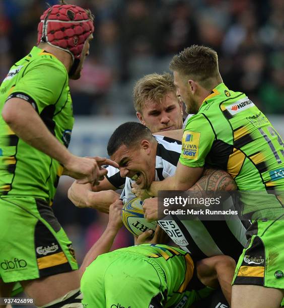 Josh Matavesi of Newcastle Falcons is tackled by Mickey Haywood and Rob Horne of Northampton Saints in the first half during the Aviva Premiership...