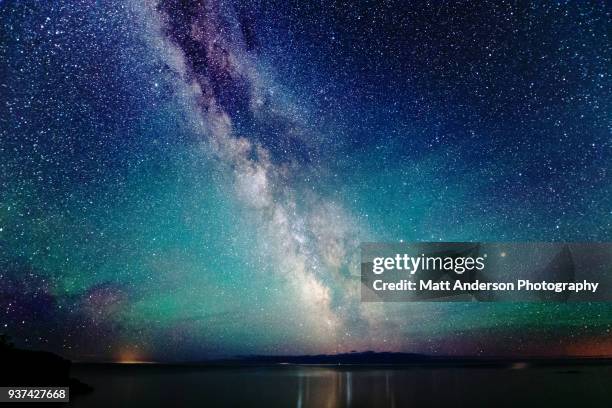 milky way night sky with air glow dark - depth of field togetherness looking at the camera stockfoto's en -beelden