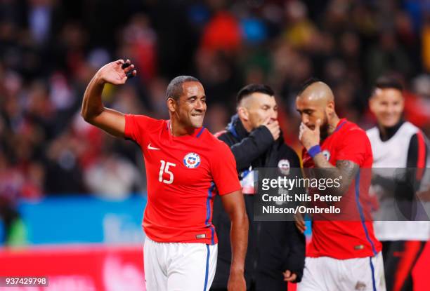 Jean Beausejour of Chile celebrates after the victory during the International Friendly match between Sweden and Chile at Friends arena on March 24,...