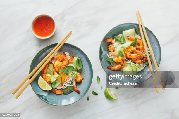 prawn noodle salad with chilli and lime dressing - pasta overhead stock pictures, royalty-free photos & images