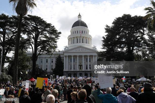 Protesters gather at the California State Capitol during a March for Our Lives demonstration on March 24, 2018 in Sacramento, California. More than...