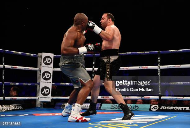 Dereck Chisora of the United Kingdom competes against Zakaria Azzouzi of France in the Heaveyweight contest at The O2 Arena on March 24, 2018 in...