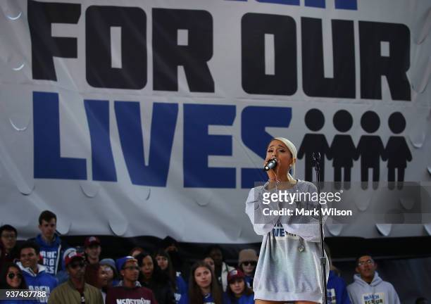 Ariana Grande performs during the March for Our Lives rally on on March 24, 2018 in Washington, DC. More than 800 March for Our Lives events,...