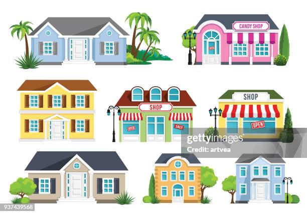stockillustraties, clipart, cartoons en iconen met huizen-set - kleine boom