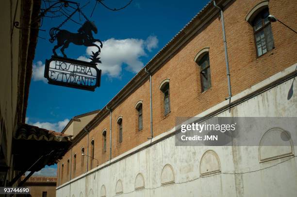 Hosteria del Estudiante' sign and old barracks, Alcala de Henares , province and Autonomous Community of Madrid, Spain, March 2008.