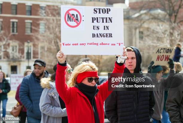Demonstrators protest during the March For Our Lives Rally on March 24 at the Connecticut State Capitol in Hartford, CT.