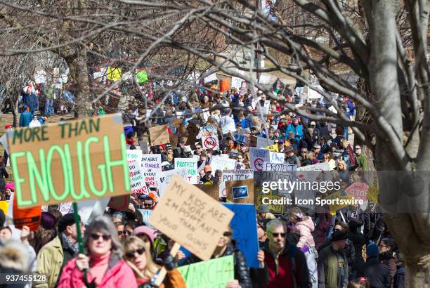 Demonstrators protest during the March For Our Lives Rally on March 24 at the Connecticut State Capitol in Hartford, CT.