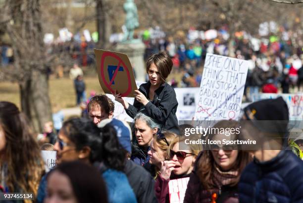 Demonstrators protest during the March For Our Lives Rally on March 24 at the Connecticut State Capitol in Hartford, CT.