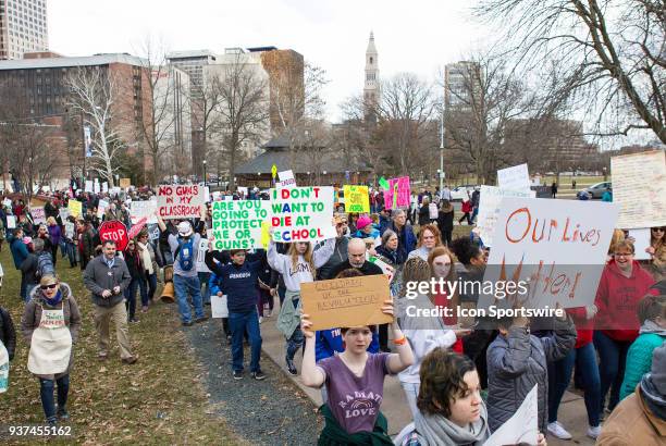 Demonstrators protest during the March For Our Lives Rally on March 24 at the Connecticut State Capitol in Hartford, CT.