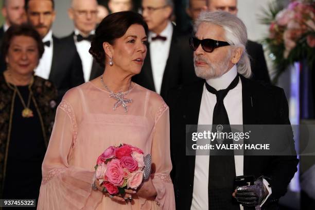 Caroline of Monaco, Princess of Hanover and German fashion designer Karl Lagerfeld arrive for the annual Rose Ball at the Monte-Carlo Sporting Club...