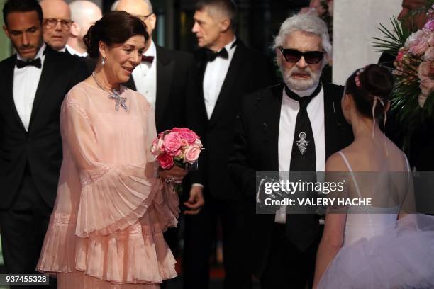 Caroline of Monaco, Princess of Hanover and German fashion designer Karl Lagerfeld arrive for the annual Rose Ball at the Monte-Carlo Sporting Club...