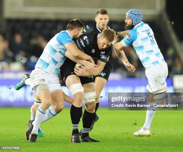 Ospreys' Bradley Davies is tackled by Leinsters Ross Byrne during the Guinness PRO14 Round 18 match between Ospreys and Leinster Rugby at Liberty...