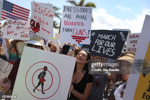People gather as close as they can, to where President Donald Trump is residing at his Mar-a-Lago club, for a March For Our Lives event on March 24,...