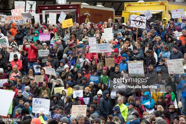 Protesters gather in Pioneer Courthouse Square at the March for Our Lives rally on March 24, 2018 in Portland, Oregon. More than 800 March for Our...