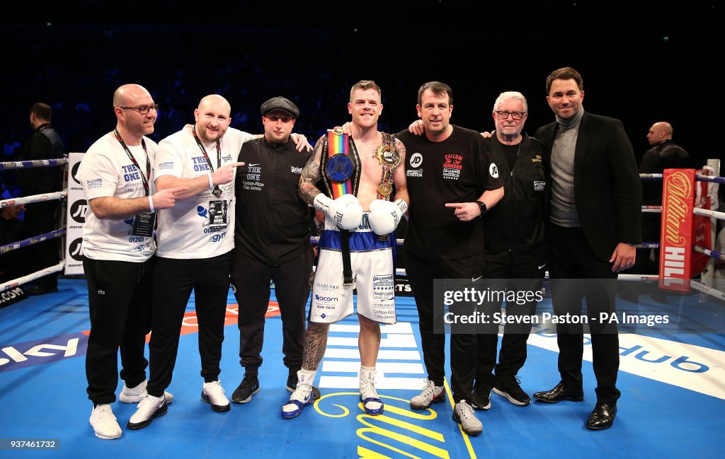 London O2 Boxing Callum Johnson celebrates with his belts after winning in the first ...