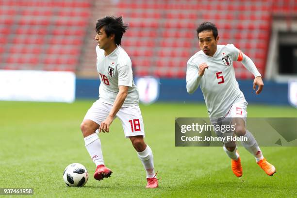 Shoya Nakajima and Yuto Nagatomo of Japan during the International friendly match between Japan and Mali on March 23, 2018 in Liege, Belgium.