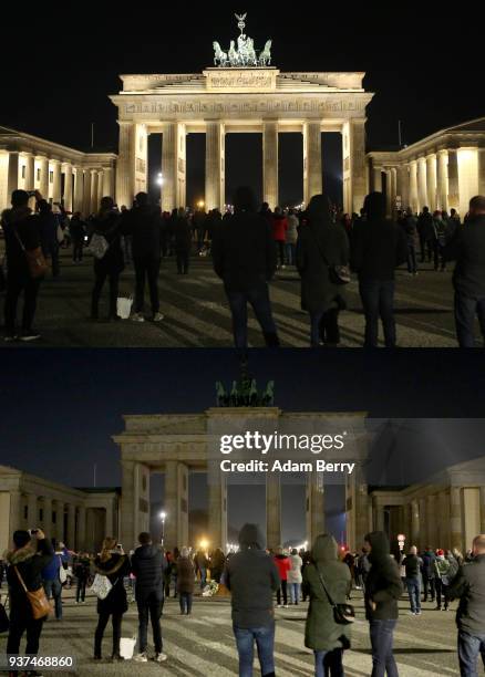 The Brandenburg Gate is seen just before and after being unilluminated during Earth Hour 2018 on March 24, 2018 in Berlin, Germany. According to...