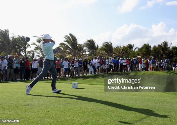 Keith Mitchell plays his shot from the 18th tee during round three of the Corales Puntacana Resort & Club Championship on March 24, 2018 in Punta...