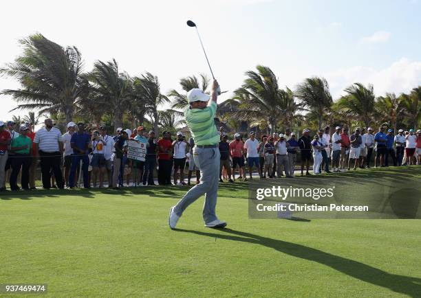 Steve Wheatcroft plays his shot from the 18th tee during round three of the Corales Puntacana Resort & Club Championship on March 24, 2018 in Punta...