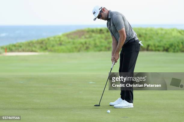 Corey Conners of Canda putts on the 17th green during round three of the Corales Puntacana Resort & Club Championship on March 24, 2018 in Punta...