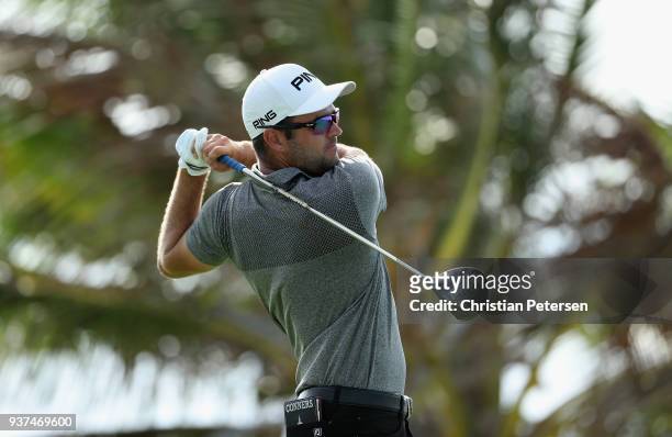 Corey Conners of Canada plays his shot from the 18th tee during round three of the Corales Puntacana Resort & Club Championship on March 24, 2018 in...