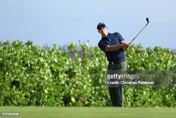 Hunter Mahan plays his shot from the 18th tee during round three of the Corales Puntacana Resort & Club Championship on March 24, 2018 in Punta Cana,...