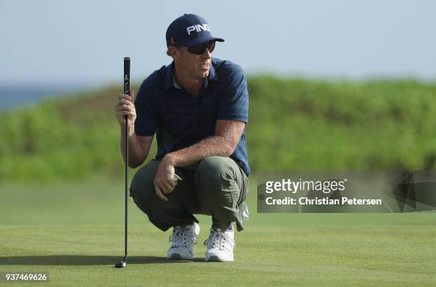Hunter Mahan lines up a putt on the 17th green during round three of the Corales Puntacana Resort & Club Championship on March 24, 2018 in Punta...