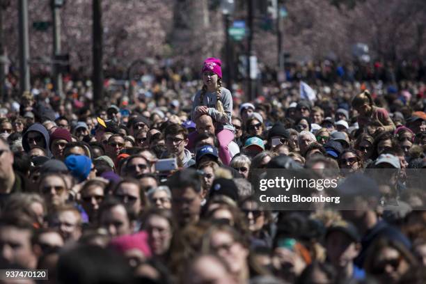 Demonstrators listen to speeches on Pennsylvania Avenue during the March For Our Lives in Washington, D.C., U.S., on Saturday, March 24, 2018....