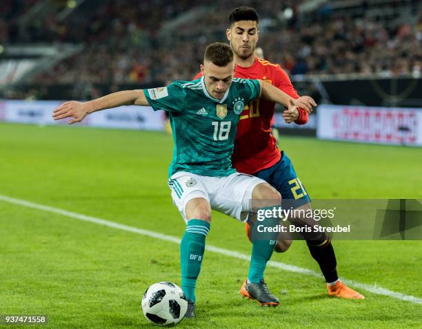 Joshua Kimmich of Germany is challenged by Marco Asensio of Spain during the international friendly match between Germany and Spain at Esprit-Arena...