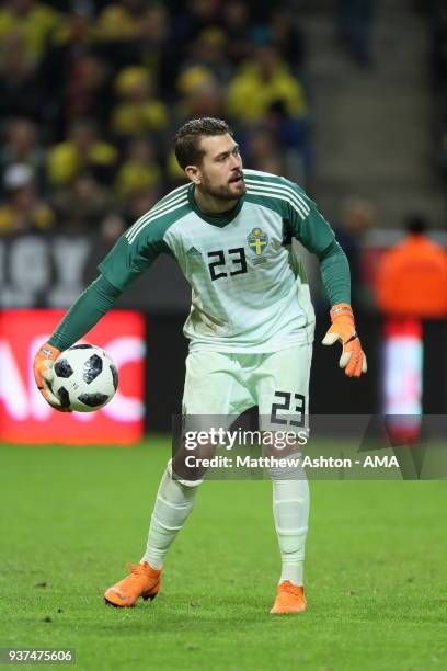 Goalkeeper Kristoffer Nordfeldt of Sweden during the International Friendly match between Sweden and Chile at Friends arena on March 24, 2018 in...