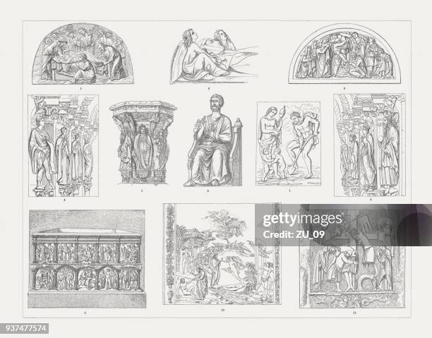 medieval sculpture art, wood engravings, published in 1897 - medieval bas relief stock illustrations