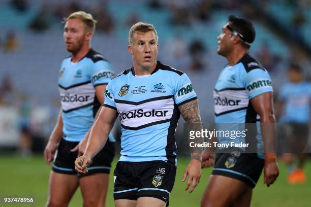 Trent Hodkinson of the Sharks during the round three NRL match between the Parramatta Eels and the Cronulla Sharks at ANZ Stadium on March 24, 2018...