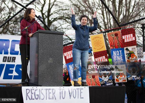 Democratic Senator Maria Cantwell, left, speaks at Cal Anderson Park during the March for Our Lives rally on March 24, 2018 in Seattle, Washington....