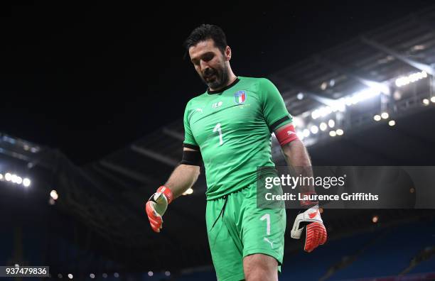 Gianluigi Buffon of Italy looks on during the International Friendly match between Italy and Argentina at Etihad Stadium on March 23, 2018 in...