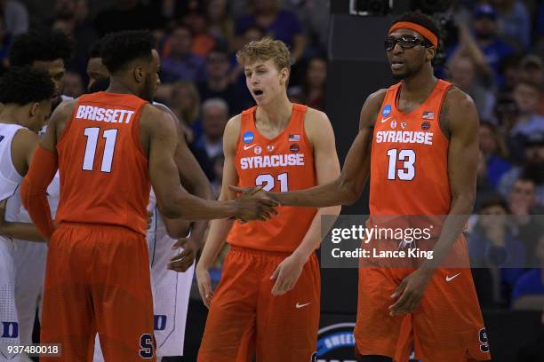 Oshae Brissett and Paschal Chukwu of the Syracuse Orange react during their game against the Duke Blue Devils during the 2018 NCAA Men's Basketball...