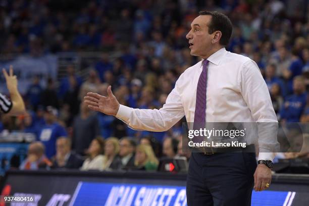 Head coach Mike Krzyzewski of the Duke Blue Devils directs his team against the Syracuse Orange during the 2018 NCAA Men's Basketball Tournament...