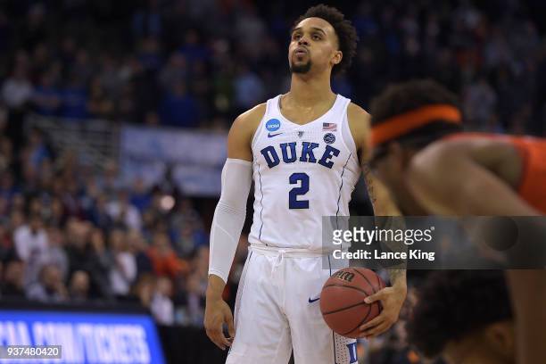 Gary Trent, Jr. #2 of the Duke Blue Devils concentrates at the free throw line against the Syracuse Orange during the 2018 NCAA Men's Basketball...