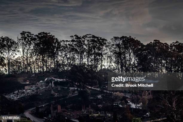 Bushfire devestated Tathra is pictured on March 25, 2018 in Tathra, Australia. A bushfire which started on 18 March destroyed 65 houses, 35 caravans...