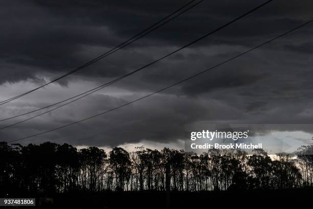 Powerlines and burnt trees along the ridgeline behind Tathra are pictured on March 25, 2018 in Tathra, Australia. A bushfire which started on 18...