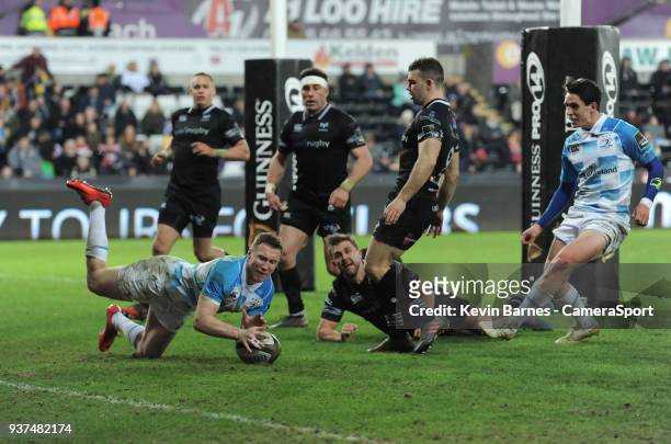 Leinsters Rory OLoughlin scores his side's second try during the Guinness PRO14 Round 18 match between Ospreys and Leinster Rugby at Liberty Stadium...