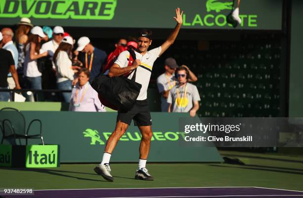 Roger Federer of Switzerland waves to the crowd after his three set defeat by Thanasi Kokkinakis of Australia in their second round match during the...