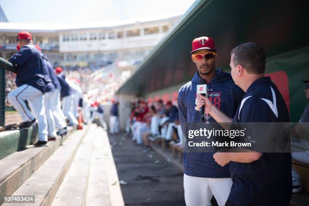 Byron Buxton of the Minnesota Twins is interviewed by ESPN's Buster Only during the spring training game between the Minnesota Twins and the New York...