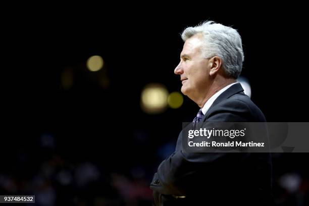 Head coach Bruce Weber of the Kansas State Wildcats looks on against the Loyola Ramblers in the first half during the 2018 NCAA Men's Basketball...